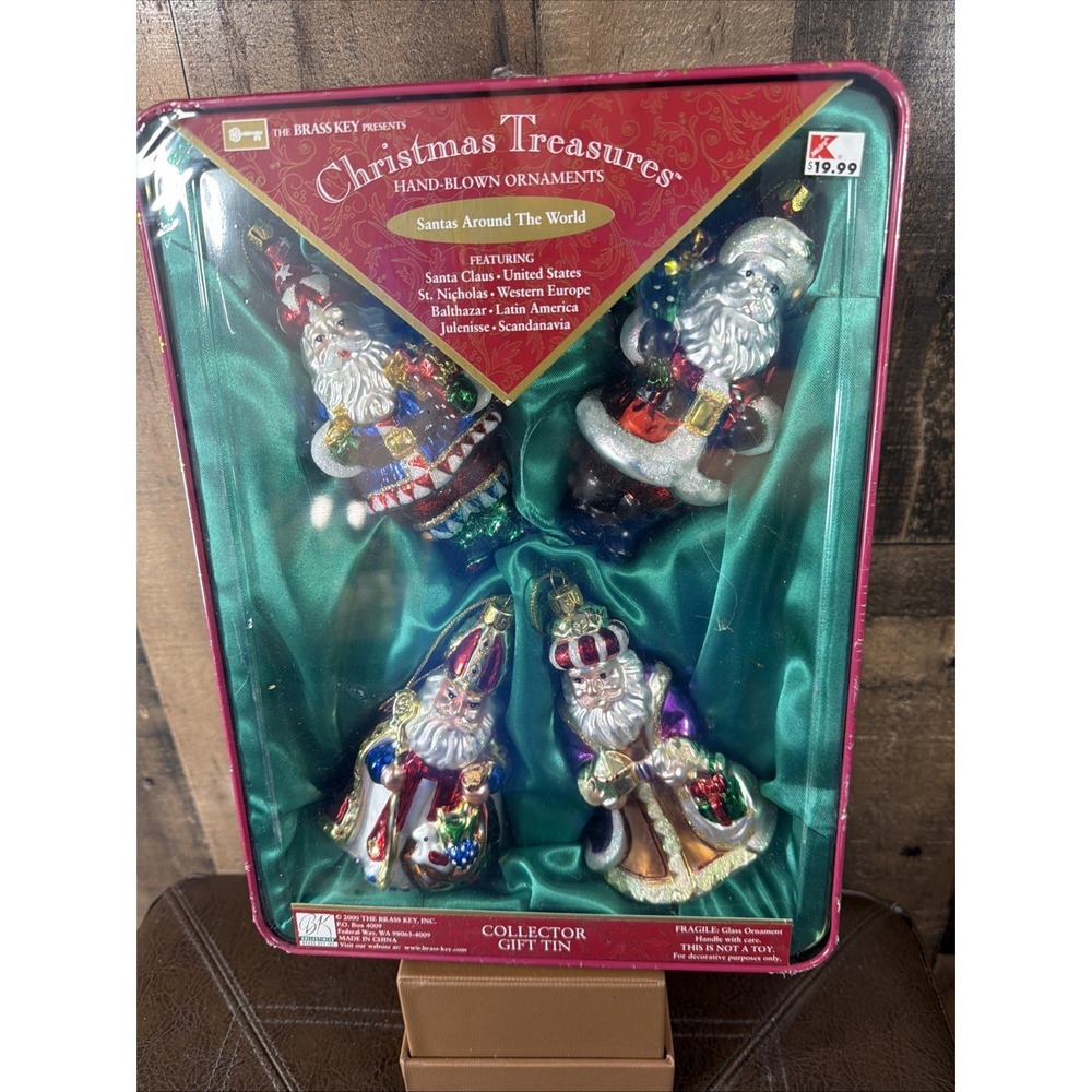 Vtg 2000 Brass Key Christmas Treasures Santas Around World‎ Hand Blown Ornaments